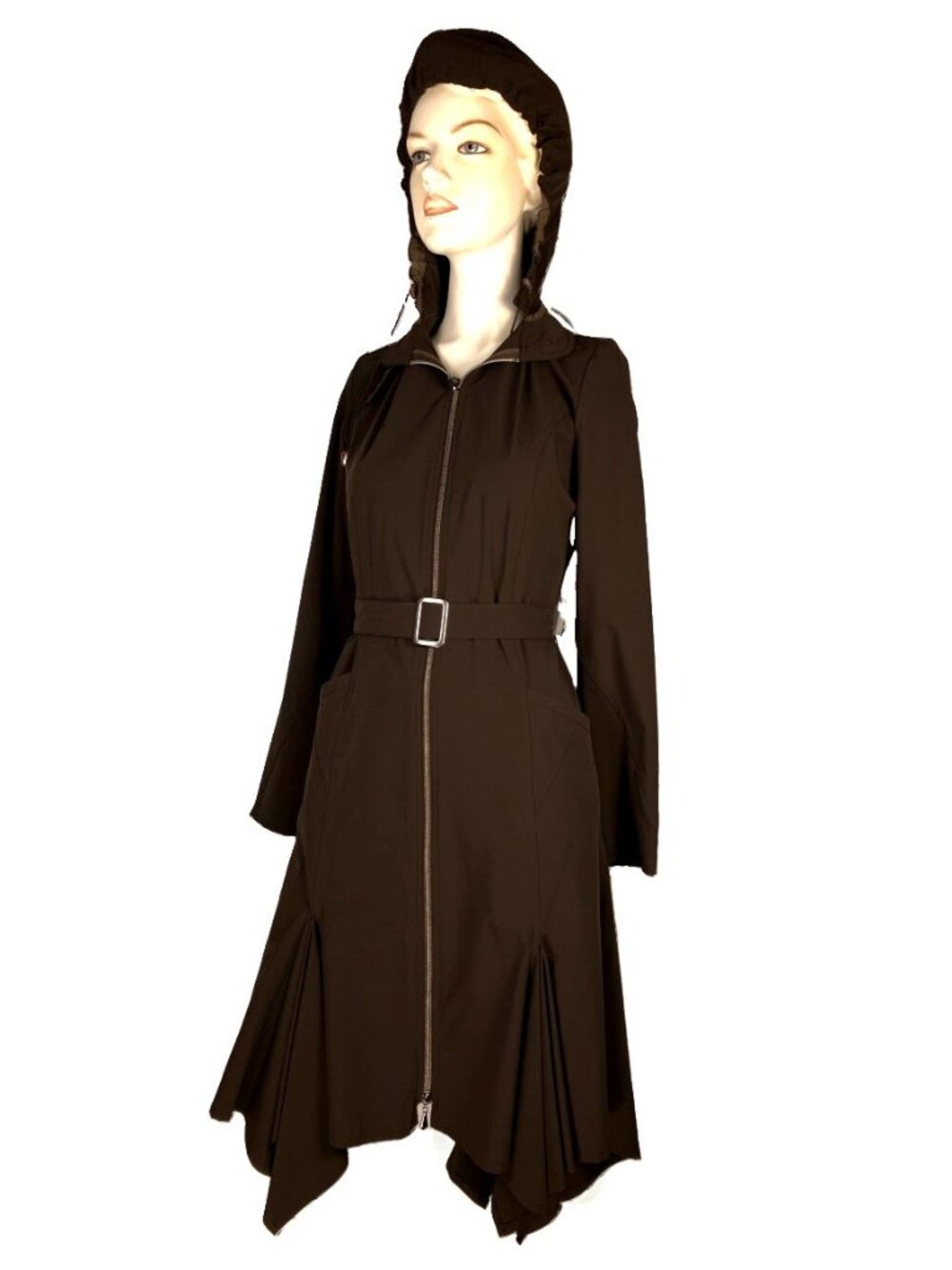 Y2K S Astuces Paris Handkerchief Point Hem Rain Trench Coat Lagenlook Hood Zip